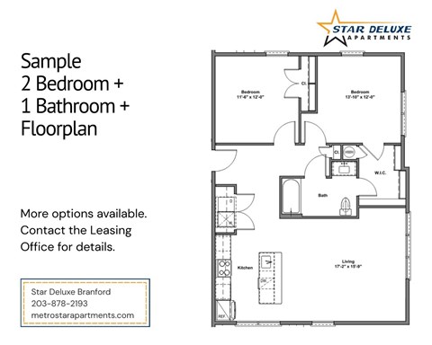 Floor plan for 2 beds, 1 bath, 967 sqft